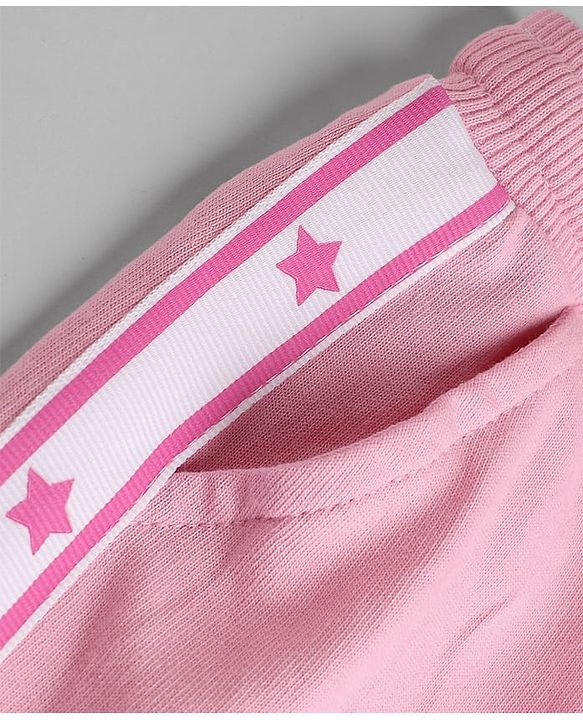 Babyhug 100% Cotton Looper Knit Full Length Star Printed Lounge Pant With Tape Detailing - Pink