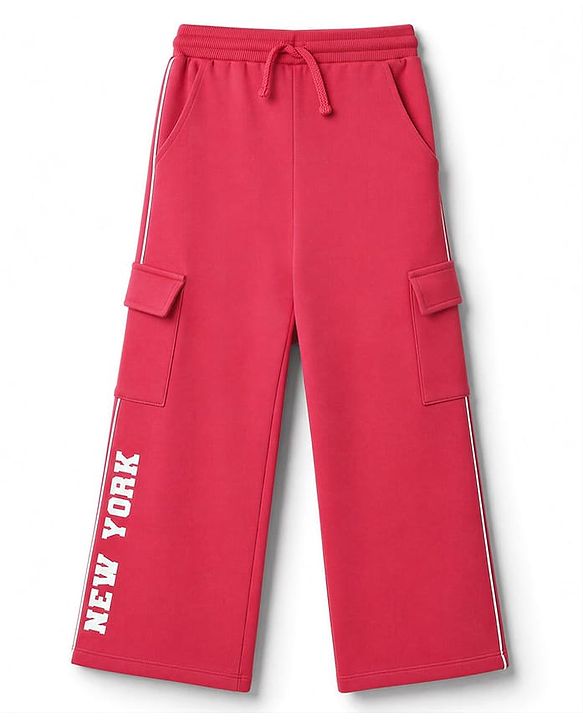 Babyhug 100% Cotton Looper Knit Full Length New York Printed Lounge Pant With Cargo Pockets - Red