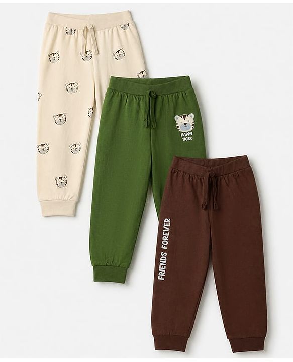 Babyhug Cotton Knit Full Length Lounge Pant with Tiger Print Pack of 3 - Green Maroon Beige