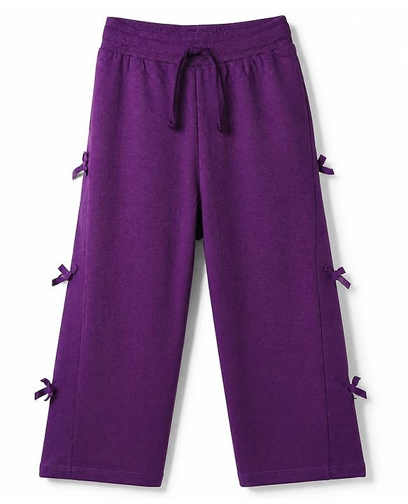 Babyhug Cotton Looper Knit Full Length Lounge Pants with Ribbed Waist and Bow Applique - Purple
