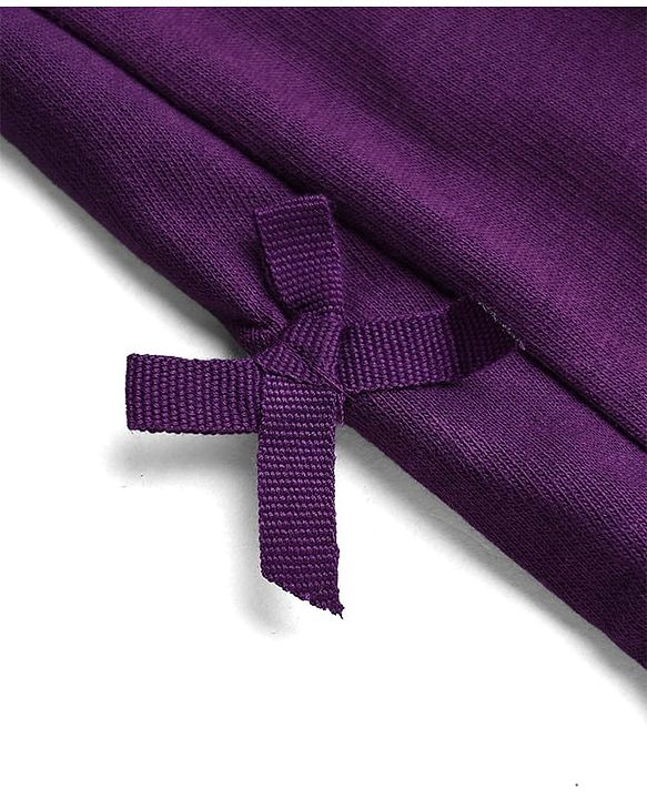 Babyhug Cotton Looper Knit Full Length Lounge Pants with Ribbed Waist and Bow Applique - Purple