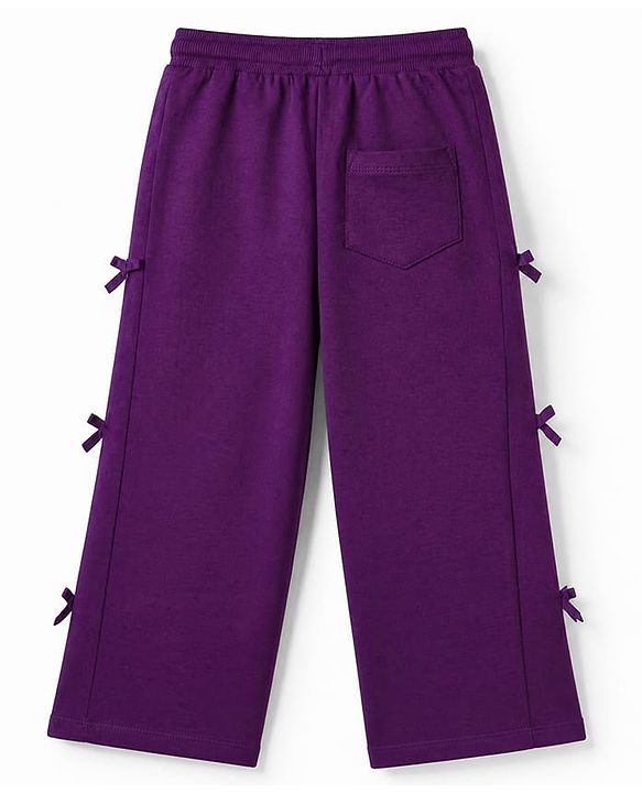 Babyhug Cotton Looper Knit Full Length Lounge Pants with Ribbed Waist and Bow Applique - Purple