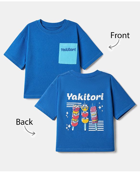 Pine Kids 100% Cotton Knit Oversized Half Sleeves T-Shirt with Front and Back Yakitori Print in Blue