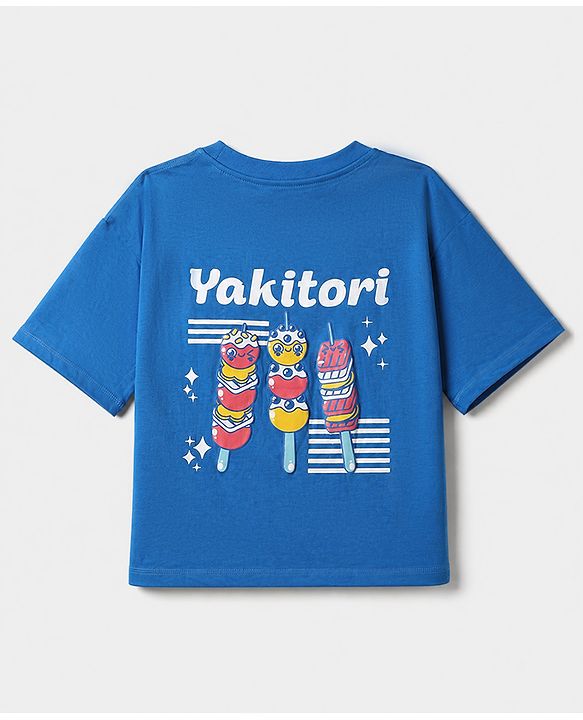 Pine Kids 100% Cotton Knit Oversized Half Sleeves T-Shirt with Front and Back Yakitori Print in Blue