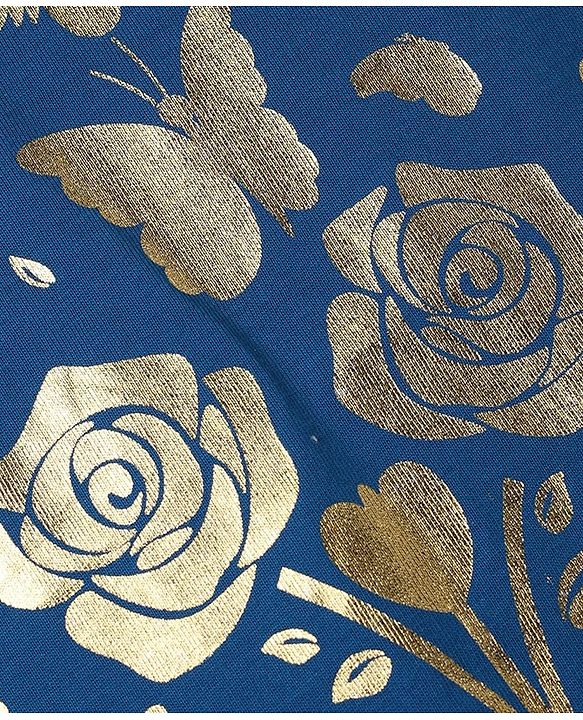 Pine Kids Cotton Knit T-Shirts with Half Sleeves and Floral Butterfly Foil Print - Navy Blue