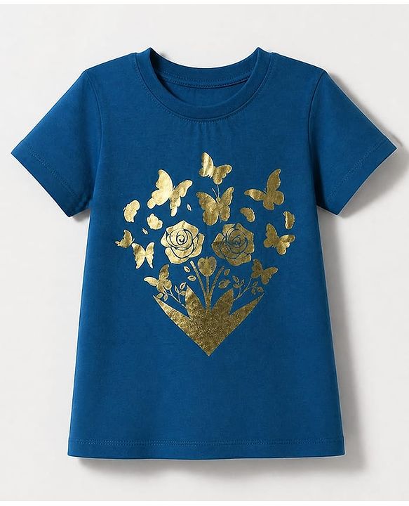 Pine Kids Cotton Knit T-Shirts with Half Sleeves and Floral Butterfly Foil Print - Navy Blue