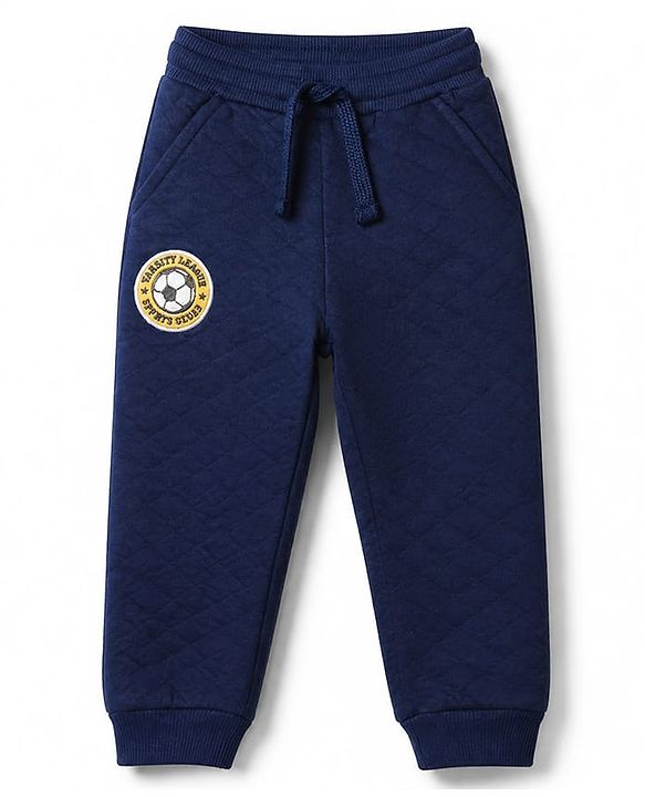 Babyhug Cotton Looper Knit Full Length Lounge Pants with Soccer Ball Patch - Navy Blue