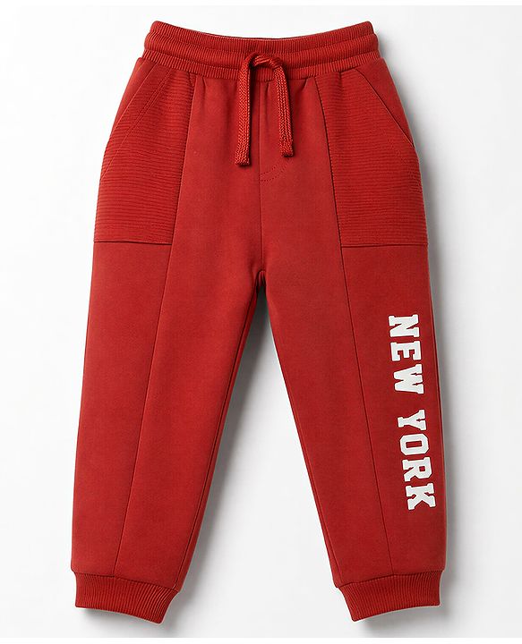 Babyhug 100% Cotton Looper Knit Full Length Lounge Pant With Text Print- Rust Orange