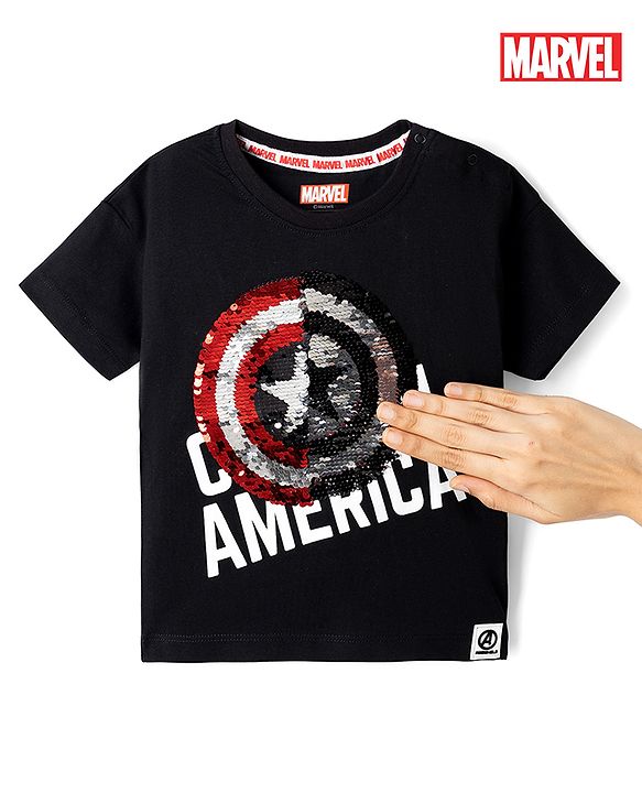 Babyhug Marvel Single Jersey Knit Half Sleeves Round Neck T-Shirt With Captain America Shield Reversible Sequins - Black