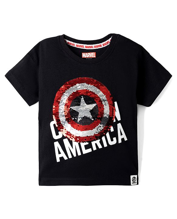 Babyhug Marvel Single Jersey Knit Half Sleeves Round Neck T-Shirt With Captain America Shield Reversible Sequins - Black