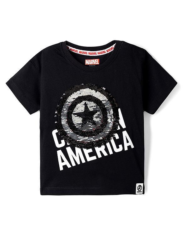 Babyhug Marvel Single Jersey Knit Half Sleeves Round Neck T-Shirt With Captain America Shield Reversible Sequins - Black