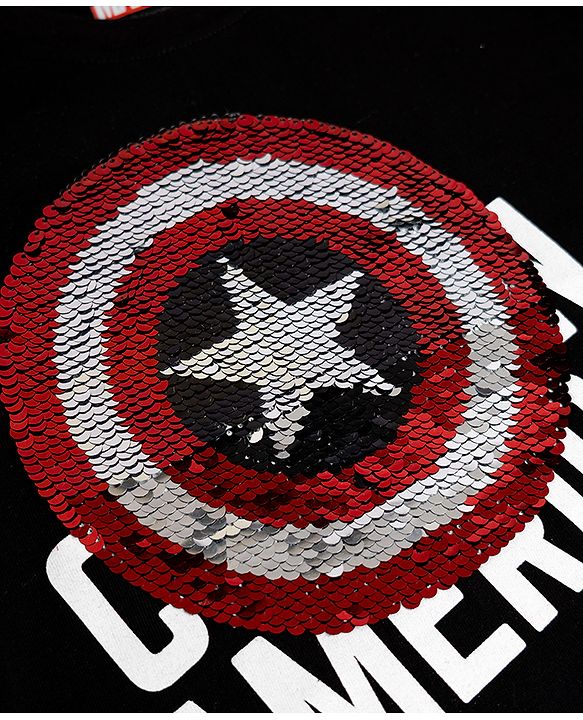 Babyhug Marvel Single Jersey Knit Half Sleeves Round Neck T-Shirt With Captain America Shield Reversible Sequins - Black
