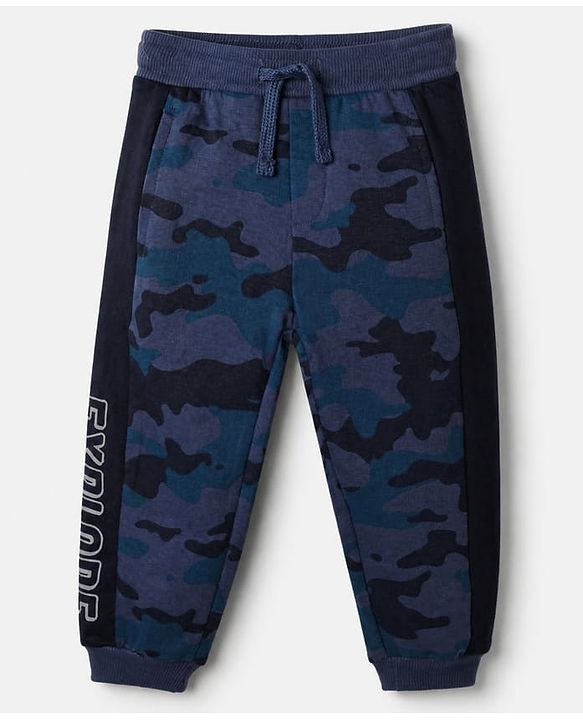 Babyhug Cotton Looper Knit Full Length Jogger Fit Lounge Pants with Camouflage Print - Navy Blue