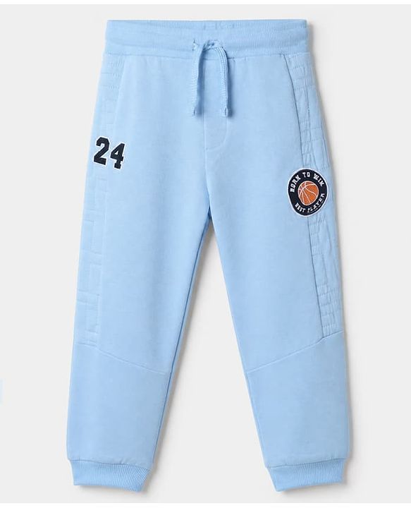 Babyhug Cotton Knit Full Length Jogger Fit Lounge Pant with Basketball Patch Print in Blue