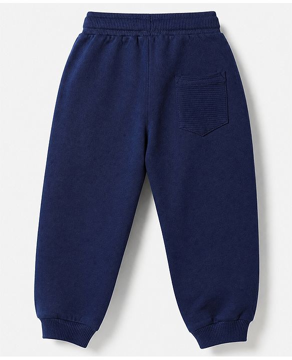 Babyhug Cotton Looper Knit Jogger Fit Full Length Joggers with Drawstring and Basketball Embroidery in Navy Blue