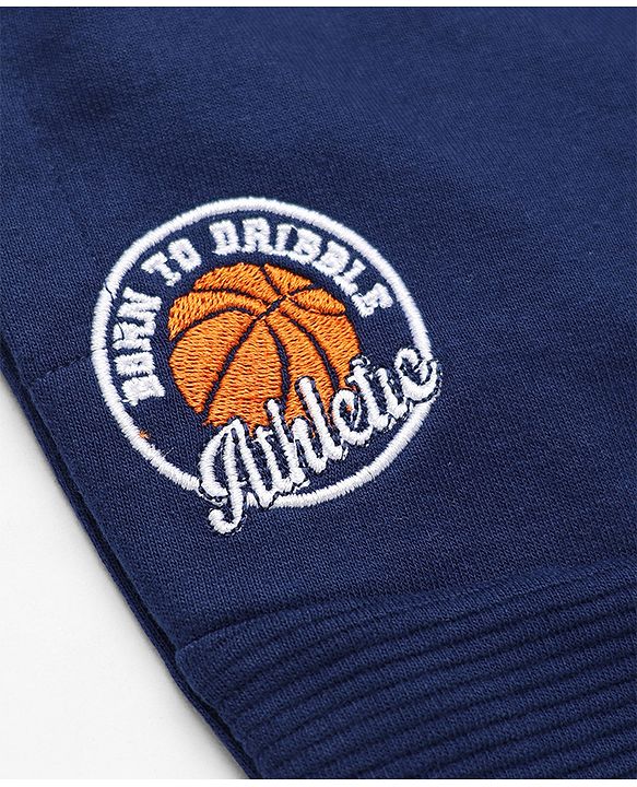 Babyhug Cotton Looper Knit Jogger Fit Full Length Joggers with Drawstring and Basketball Embroidery in Navy Blue