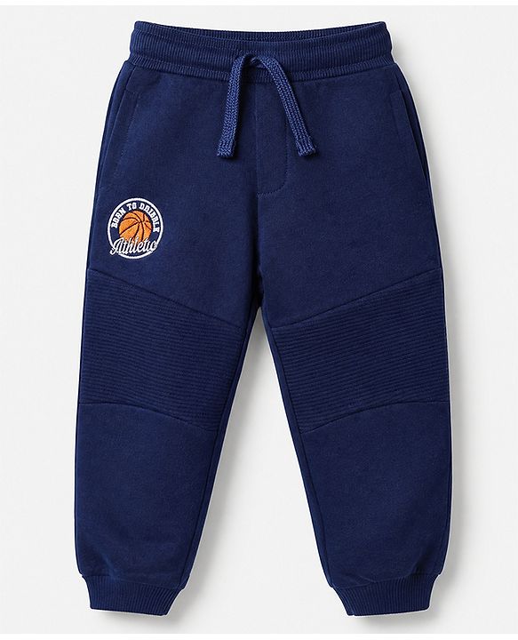 Babyhug Cotton Looper Knit Jogger Fit Full Length Joggers with Drawstring and Basketball Embroidery in Navy Blue