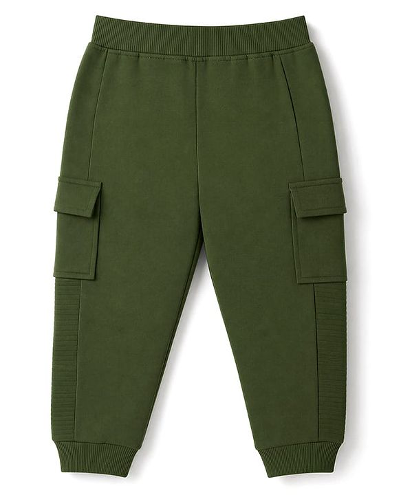 Babyhug 100% Cotton Looper Knit Full Length Cargo Style Joggers With Adventure Text Print - Olive Green