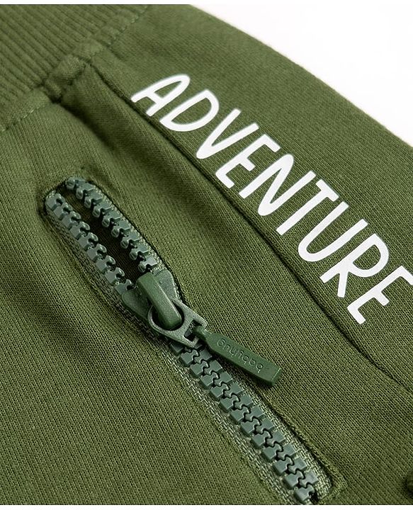Babyhug 100% Cotton Looper Knit Full Length Cargo Style Joggers With Adventure Text Print - Olive Green