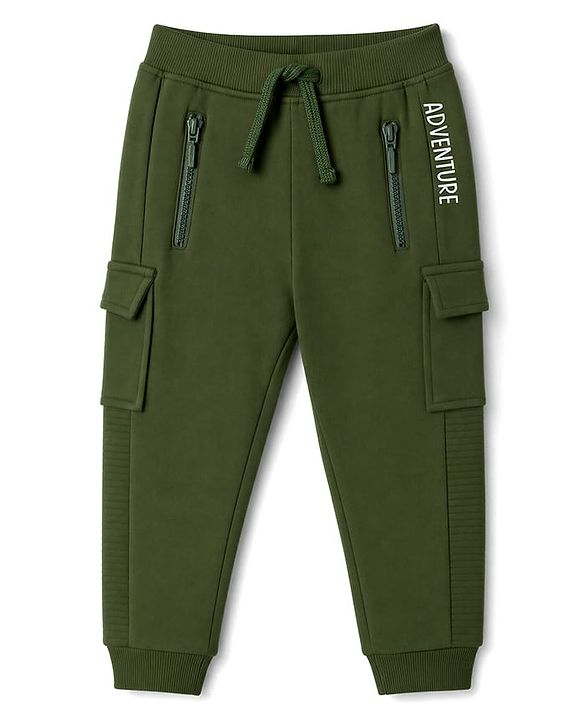 Babyhug 100% Cotton Looper Knit Full Length Cargo Style Joggers With Adventure Text Print - Olive Green