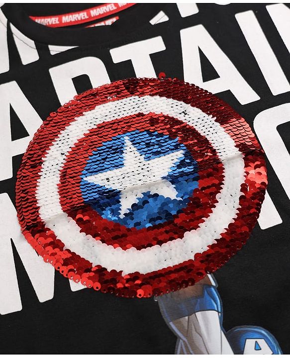 Pine Kids Marvel 100% Cotton Single Jersey Knit T-Shirts with Half Sleeves and Captain America Graphic Print & Sequin Detailing - Black
