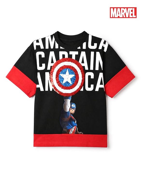 Pine Kids Marvel 100% Cotton Single Jersey Knit T-Shirts with Half Sleeves and Captain America Graphic Print & Sequin Detailing - Black