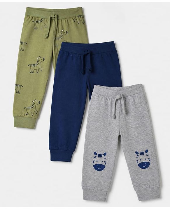 Babyhug Cotton Jersey Knit Full Length Jogger Fit Lounge Pants with Zebra Print Pack of 3 - Olive Green, Light Grey & Navy Blue
