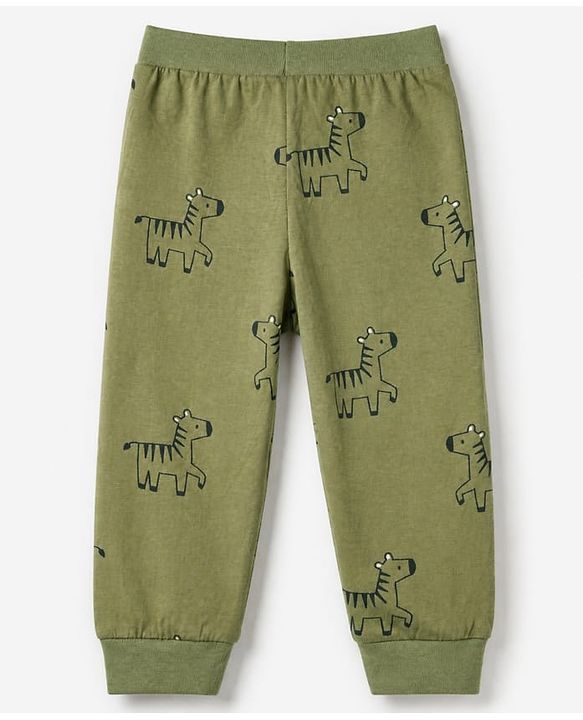 Babyhug Cotton Jersey Knit Full Length Jogger Fit Lounge Pants with Zebra Print Pack of 3 - Olive Green, Light Grey & Navy Blue