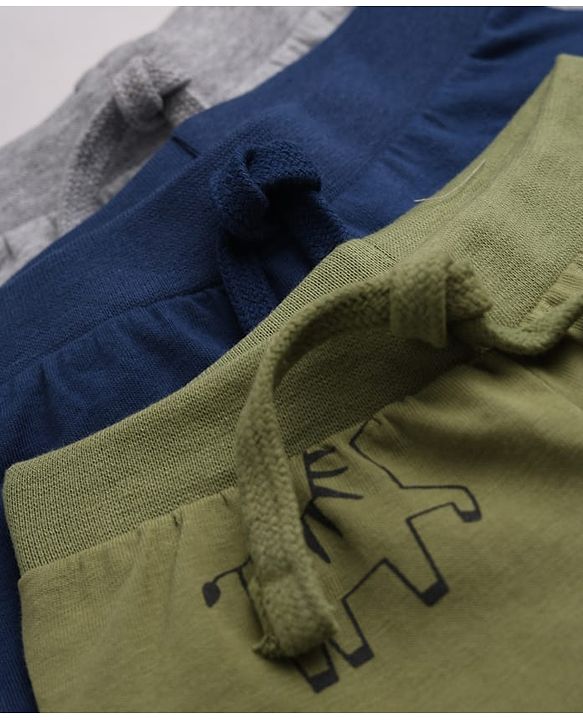 Babyhug Cotton Jersey Knit Full Length Jogger Fit Lounge Pants with Zebra Print Pack of 3 - Olive Green, Light Grey & Navy Blue