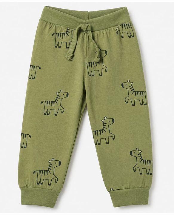 Babyhug Cotton Jersey Knit Full Length Jogger Fit Lounge Pants with Zebra Print Pack of 3 - Olive Green, Light Grey & Navy Blue