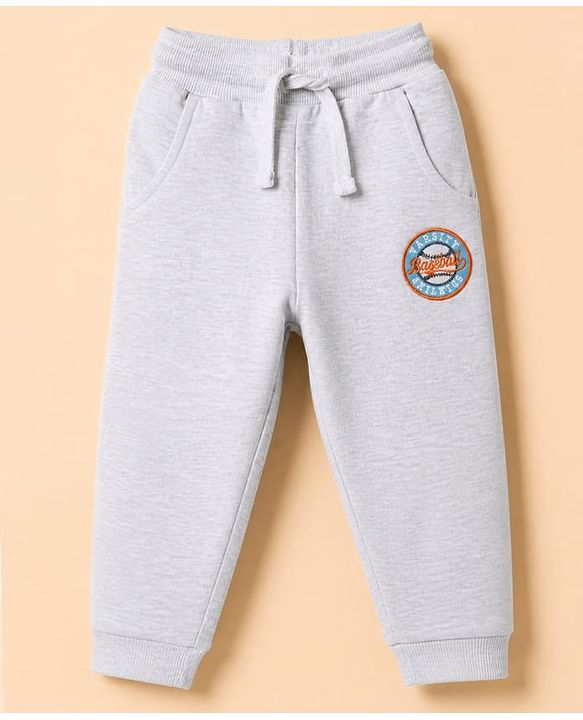 Babyhug Cotton Knit Jogger Fit Full Length Track Pant with Baseball Patch in Grey