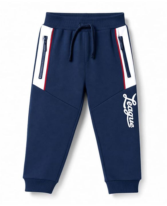 Babyhug 100% Cotton Looper Knit Full Length Joggers With League Text Print & Pockets - Navy Blue