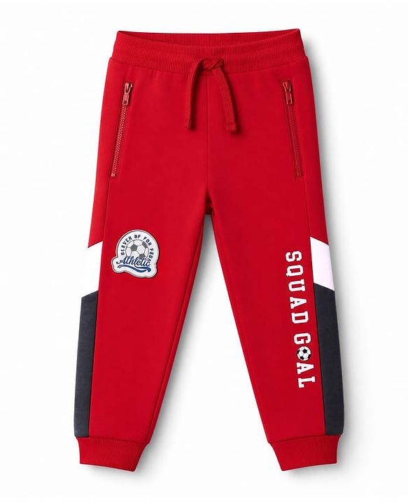 Babyhug 100% Cotton Looper Knit Full Length Joggers With Squad Goal Text Print & Pockets - Red