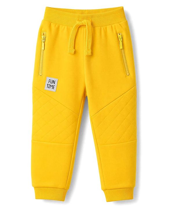 Babyhug 100% Cotton Looper Knit Full Length Joggers With Applique & Pockets - Yellow