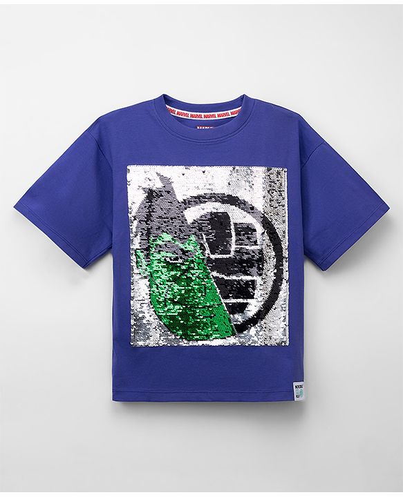 Pine Kids Marvel 100% Cotton Single Jersey Knit T-Shirts with Half Sleeves and Hulk Reversible Sequins - Purple
