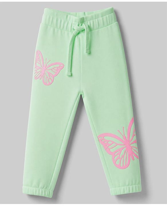 Babyhug 100% Cotton Looper Knit Full Length Butterfly Printed Lounge Pant - Sea Green