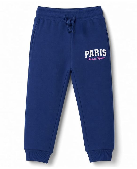 Babyhug 100% Cotton Looper Knit Full Length Paris Printed Lounge Pant - Navy Blue