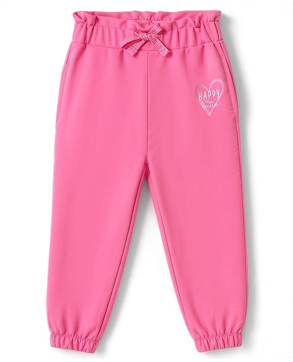 Babyhug 100% Cotton Looper Knit Full Length Lounge Pants With Heart & Text Print - Pink
