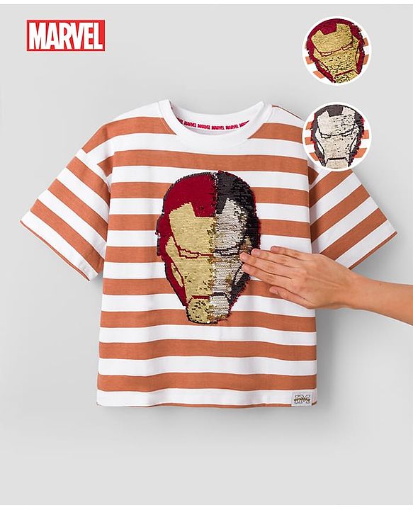 Pine Kids Marvel 100% Cotton Single Jersey Knit Half Sleeves Drop Shoulder Striped T-Shirts with Iron Man Reversible Sequins - Orange