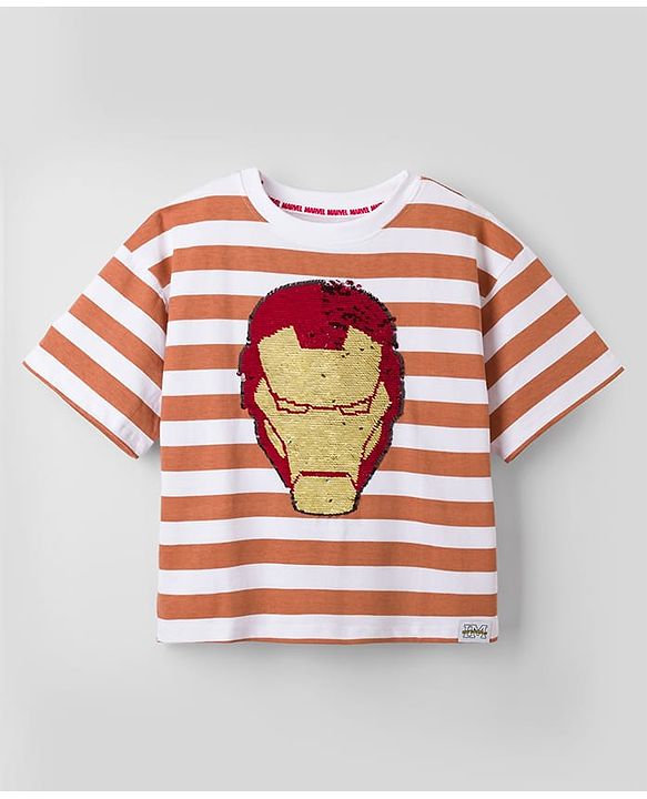 Pine Kids Marvel 100% Cotton Single Jersey Knit Half Sleeves Drop Shoulder Striped T-Shirts with Iron Man Reversible Sequins - Orange