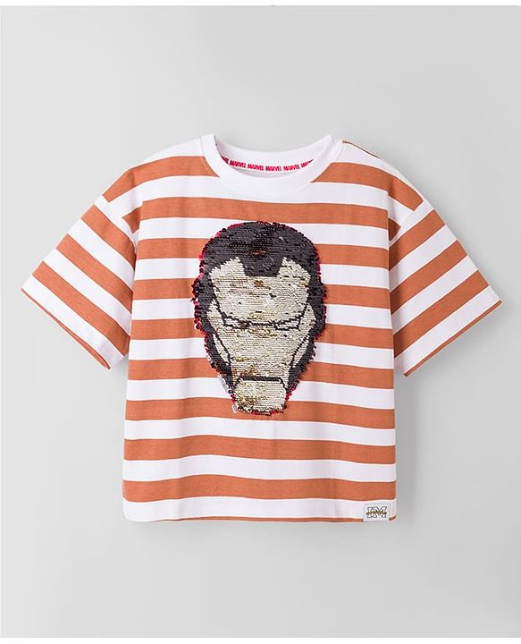 Pine Kids Marvel 100% Cotton Single Jersey Knit Half Sleeves Drop Shoulder Striped T-Shirts with Iron Man Reversible Sequins - Orange