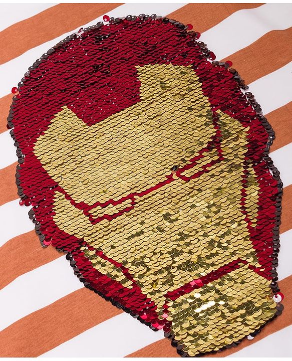 Pine Kids Marvel 100% Cotton Single Jersey Knit Half Sleeves Drop Shoulder Striped T-Shirts with Iron Man Reversible Sequins - Orange