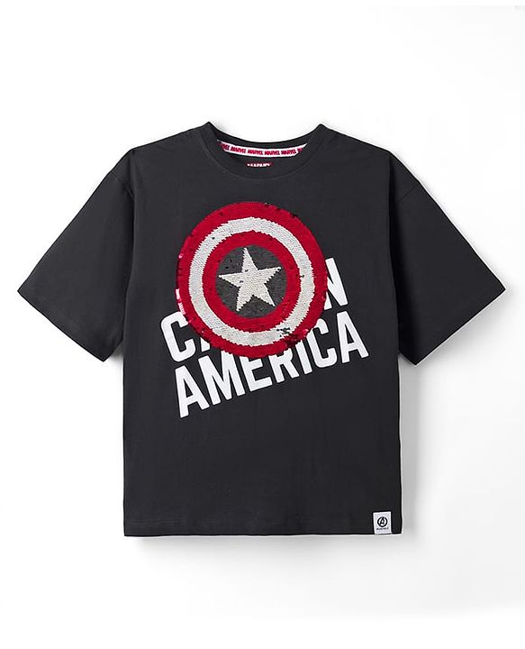 Pine Kids Marvel 100% Cotton Single Jersey Knit Half Sleeves T-Shirts with Captain America Graphic and Shield Reversible Sequins - Black