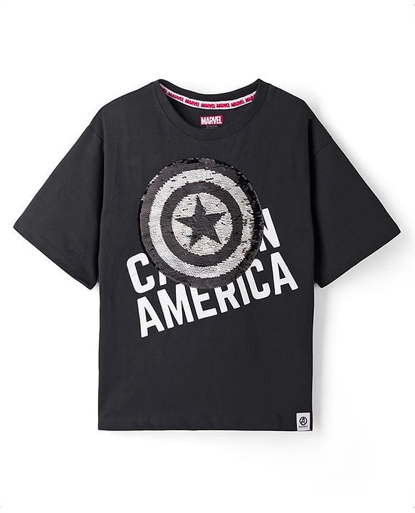 Pine Kids Marvel 100% Cotton Single Jersey Knit Half Sleeves T-Shirts with Captain America Graphic and Shield Reversible Sequins - Black