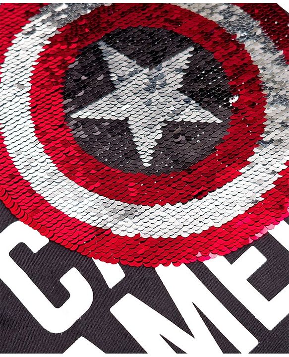 Pine Kids Marvel 100% Cotton Single Jersey Knit Half Sleeves T-Shirts with Captain America Graphic and Shield Reversible Sequins - Black