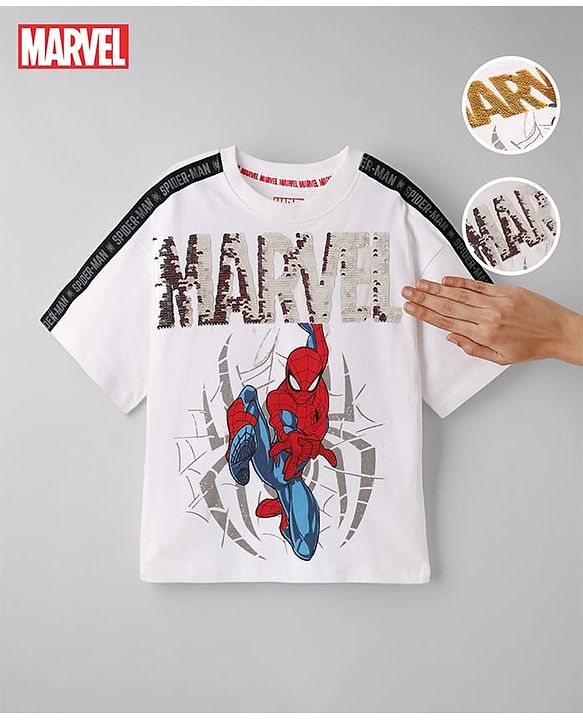 Pine Kids Marvel Cotton Single Jersey Knit T-Shirt Half Sleeves With Spider Man Print - White