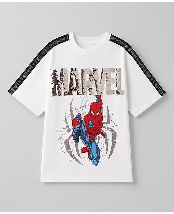 Pine Kids Marvel Cotton Single Jersey Knit T-Shirt Half Sleeves With Spider Man Print - White