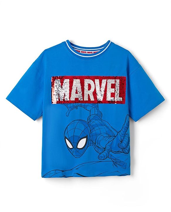 Pine Kids Marvel 100% Cotton Single Jersey Knit Half Sleeves T-Shirts with Spider Man Graphic and Marvel Reversible Sequins - Blue