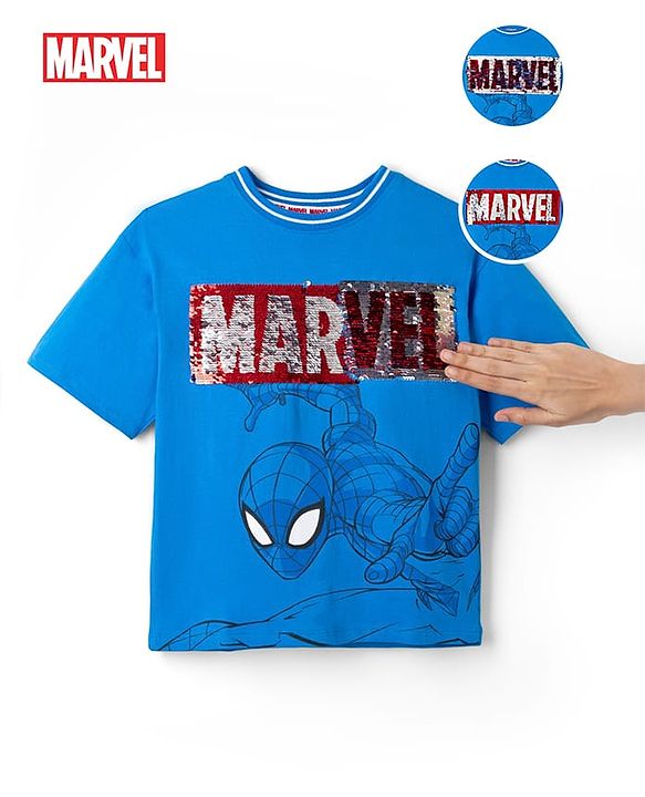 Pine Kids Marvel 100% Cotton Single Jersey Knit Half Sleeves T-Shirts with Spider Man Graphic and Marvel Reversible Sequins - Blue
