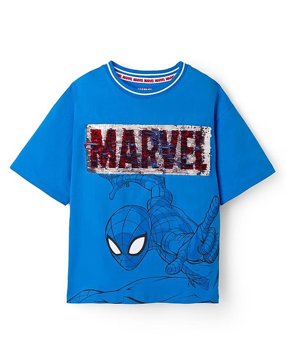 Pine Kids Marvel 100% Cotton Single Jersey Knit Half Sleeves T-Shirts with Spider Man Graphic and Marvel Reversible Sequins - Blue